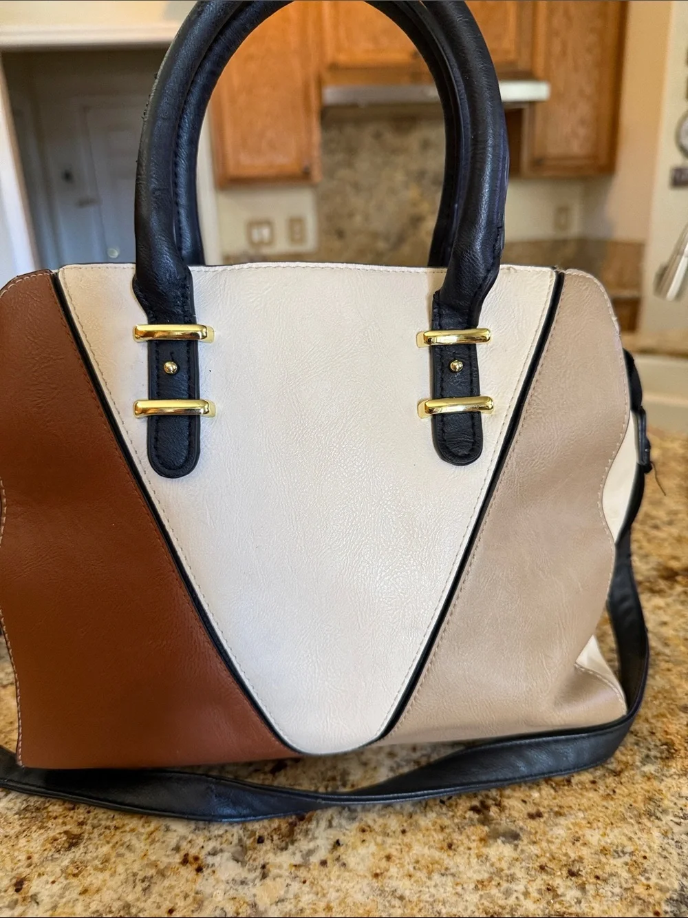 Steve Madden Tricolor Leather Satchel - Cream, Brown & Taupe with Black Handle.